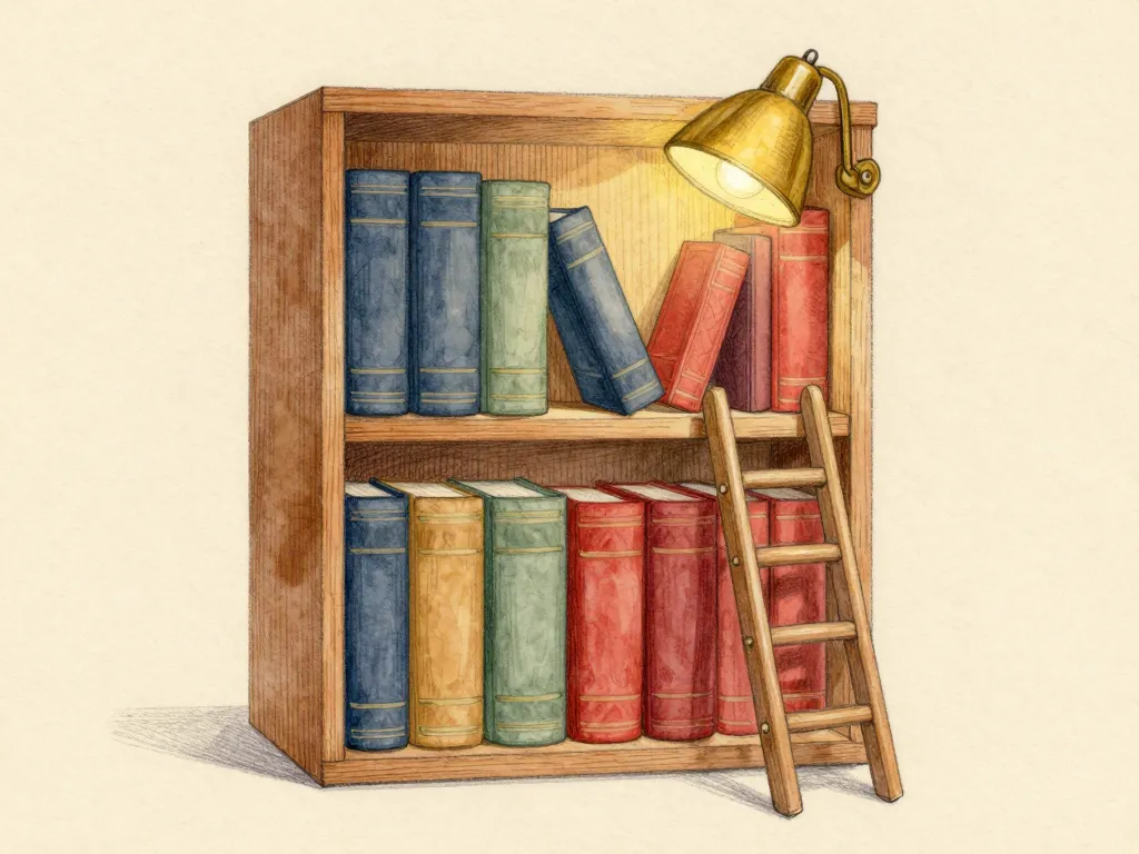 A tall wooden bookshelf with cloth-bound books, a brass lamp and a ladder