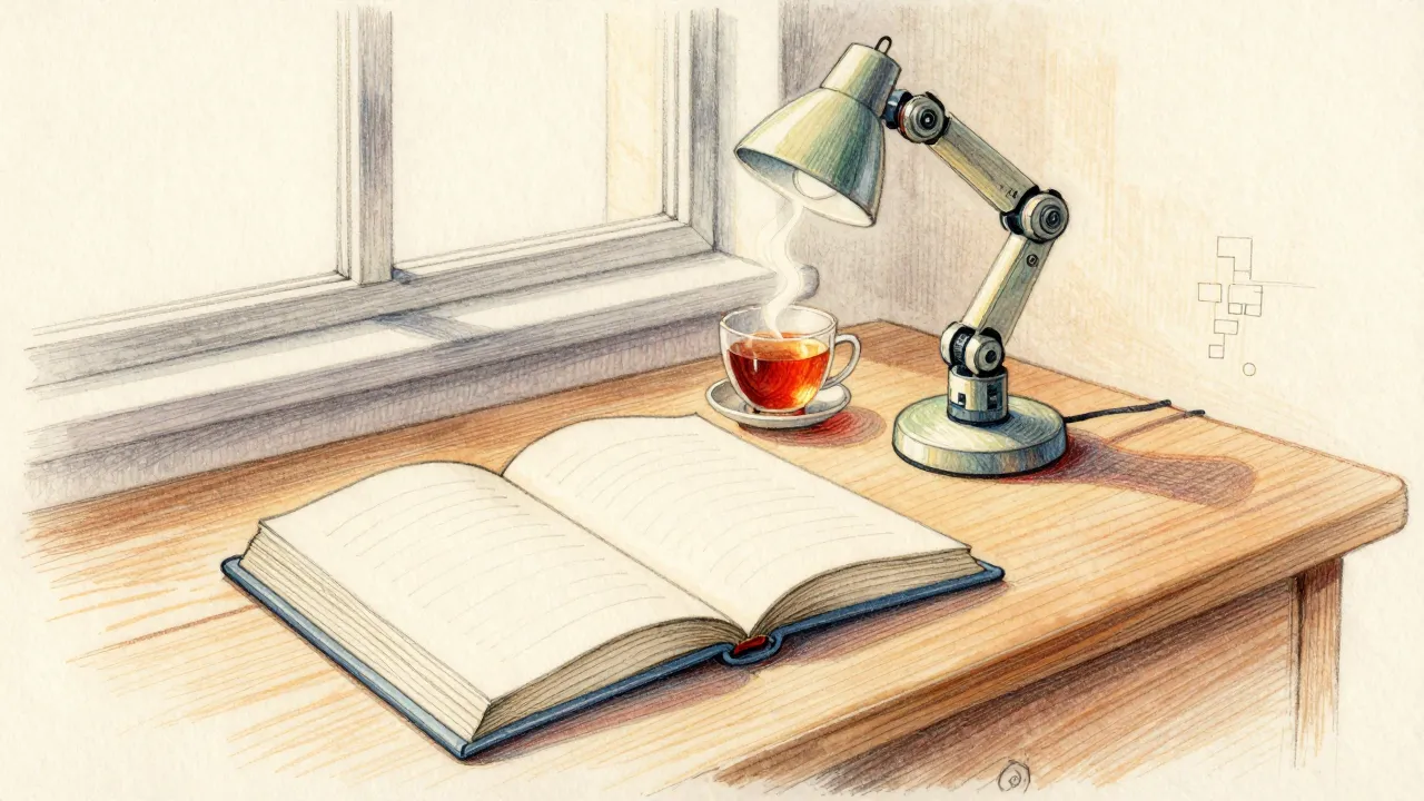 A wooden desk by a window with an open book, a small robot arm and a cup of tea